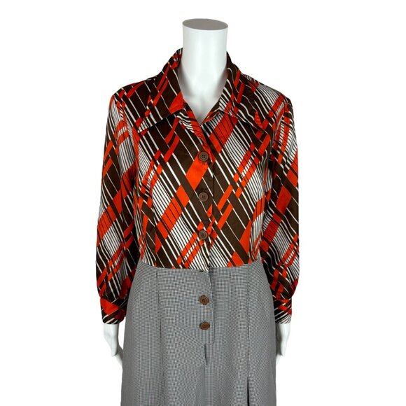Vintage 70s Shirtdress Women's Large Secretary Striped Houndstooth 2 Piece Look - Picture 4 of 10